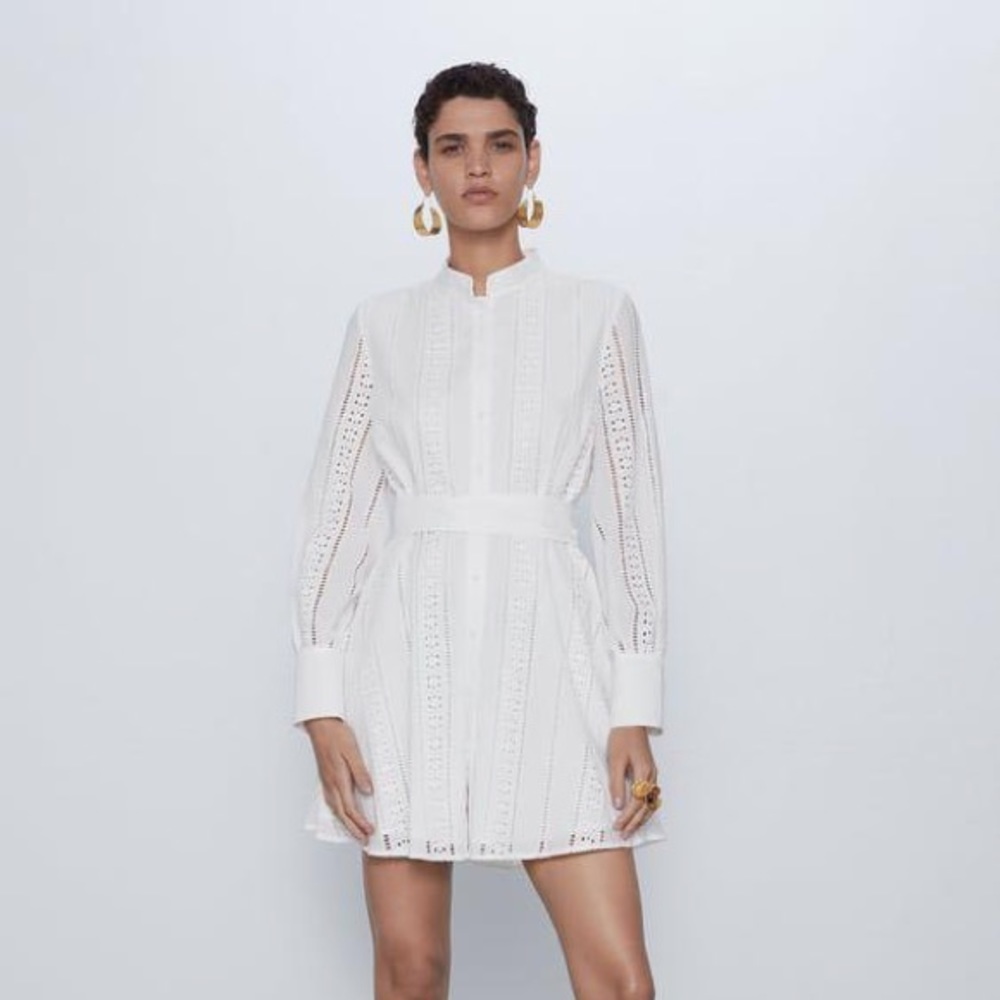 ZARA EMBROIDERED MINI DRESS Oyster White